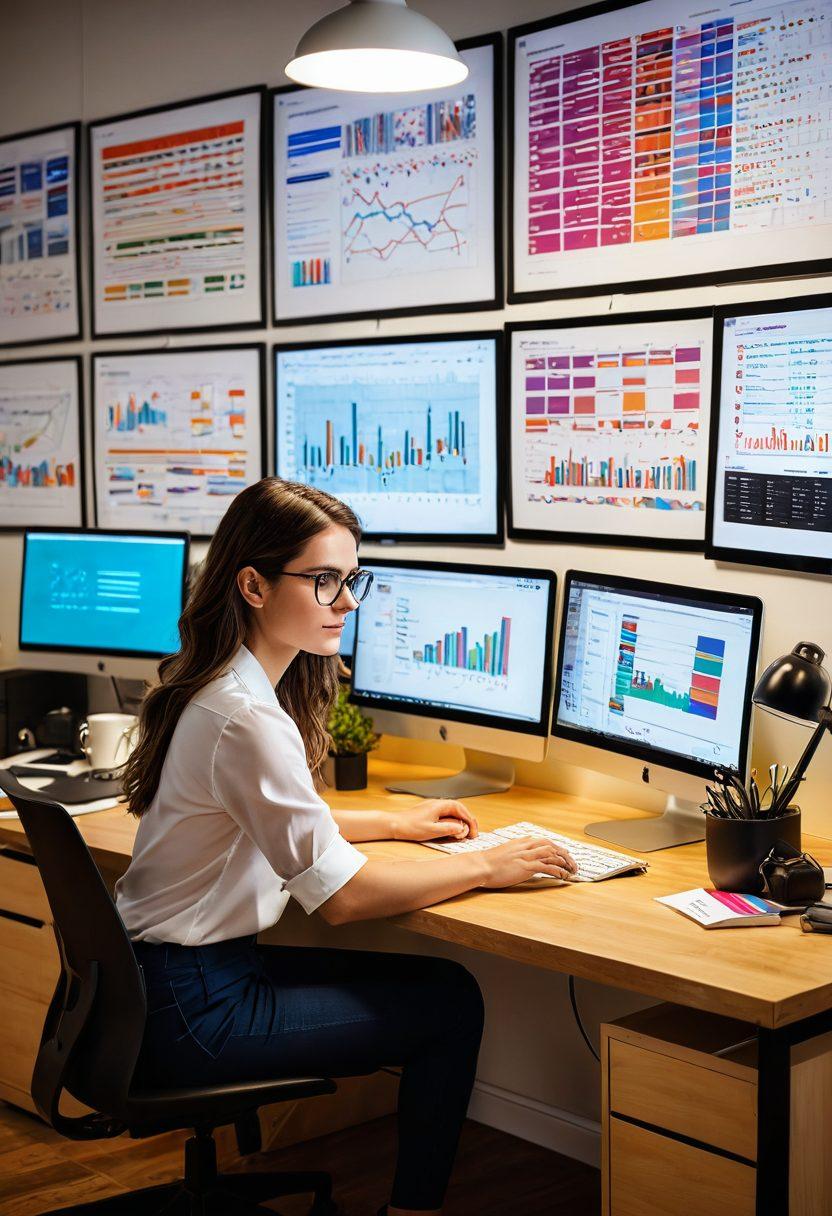A modern tech blogger at a stylish desk with multiple screens displaying colorful graphs and analytics. The blogger, a young woman with glasses, takes notes on a laptop while surrounded by books on digital marketing and technology. Bright tech-themed posters adorn the walls, and a cup of coffee sits nearby, exuding a creative workspace atmosphere. The scene is filled with vibrant colors, emphasizing innovation and engagement. super-realistic. vibrant colors. modern design.