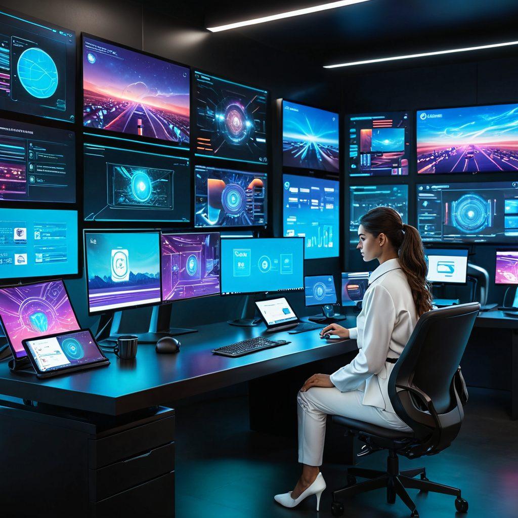 A futuristic workspace featuring a blogger at a high-tech desk surrounded by holographic screens displaying trending technology topics, with innovative gadgets like AI assistants and smart devices. The atmosphere should convey a sense of inspiration and creativity, with bright and engaging colors. The background should reflect a digital landscape illustrating various tech trends like AI, IoT, and blockchain. super-realistic. vibrant colors. digital art.