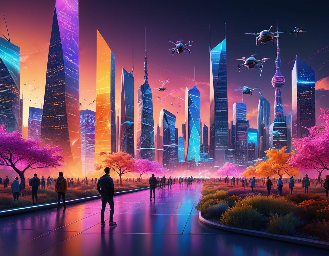 A vibrant digital landscape filled with interactive storytelling elements, featuring a diverse group of people collaborating on devices, graphs depicting tech trends in the background, and a glowing pathway leading towards a futuristic skyline. The scene should convey a sense of innovation and creativity, showcasing various technologies like drones and VR headsets. super-realistic. vibrant colors. 3D.